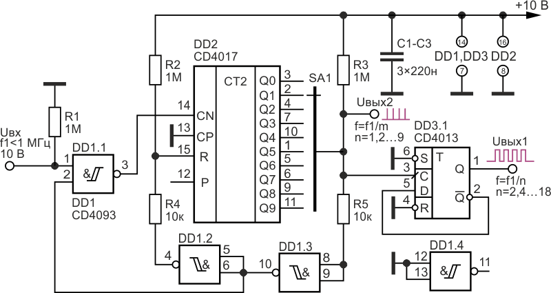 Делитель частоты с внешним генератором импульсов, имеющий коэффициент деления 1, 2, 3 … 9 и 2, 4, 6 … 18.