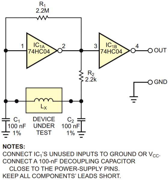 Replacing a Pierce oscillator's crystal with an unknown inductance allows you to measure its value by observing the resulting oscillation's frequency.