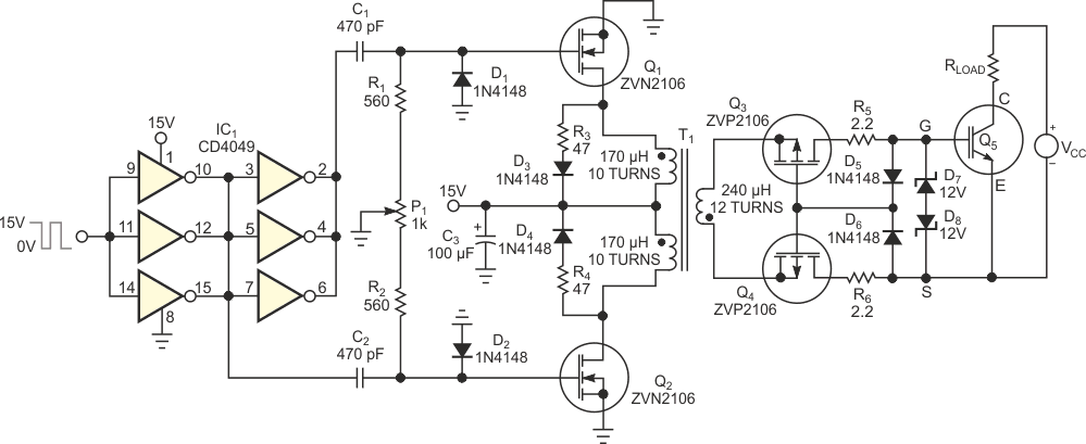 The isolated pulse driver transmits all duty cycles and consumes energy only during the gate charge and discharge processes.