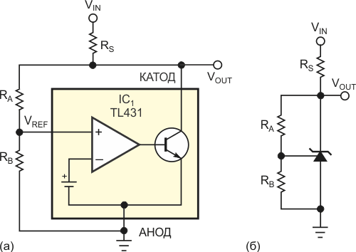 Внутреннее устройство TL431 достаточно сложное (а), однако для использования микросхемы в качестве параллельного стабилизатора нужно всего три внешних резистора (б).