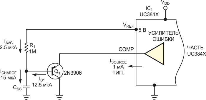 Один транзистор Q1 реализует функцию медленного запуска импульсного регулятора, но его базовый ток вносит ошибку времени.