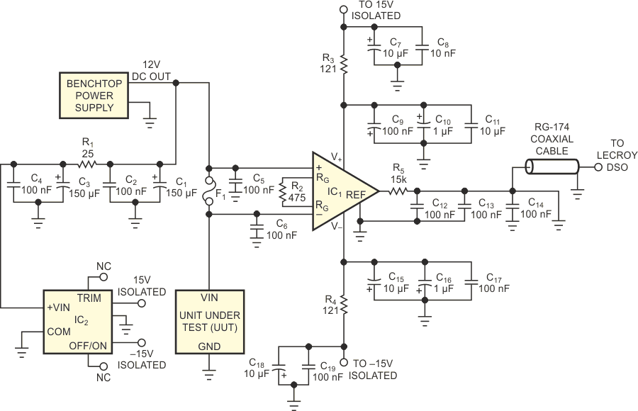 Improve your oscilloscope's performance in high-RF-noise environments by adding an instrumentation-amplifier front end. For best results, package the circuitry in a metal enclosure.