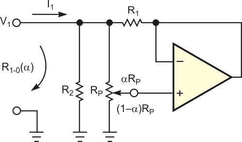 This simple circuit synthesizes a grounded variable resistance with a hyperbolic-control characteristic.