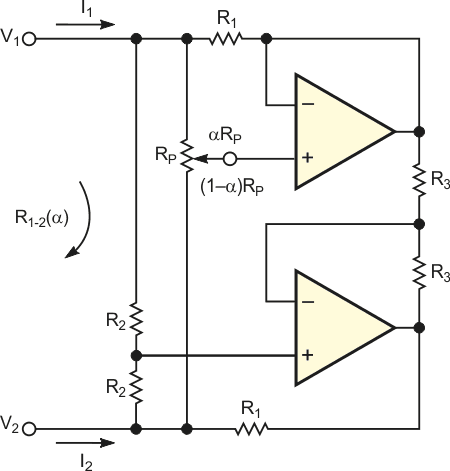 С помощью этой схемы можно реализовать плавающее переменное сопротивление с гиперболической функциональной характеристикой. Обратите внимание, что номиналы резисторов с одинаковыми позиционными обозначениями должны подбираться парами.
