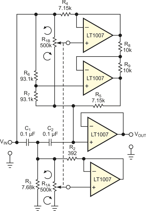 В конструкции перестраиваемого мостового Т-образного режекторного фильтра с линейной шкалой частот были использованы базовые схемы на Рисунках 1 и 2.