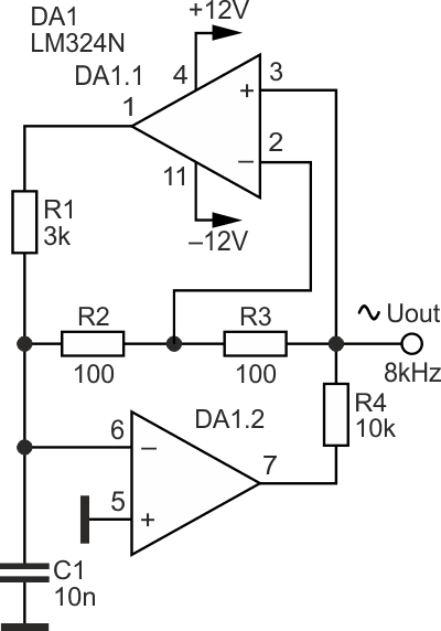 Sine-wave oscillator on the LM324N chip.