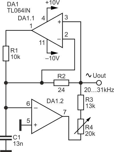Sine-wave oscillator on the TL064IN chip.