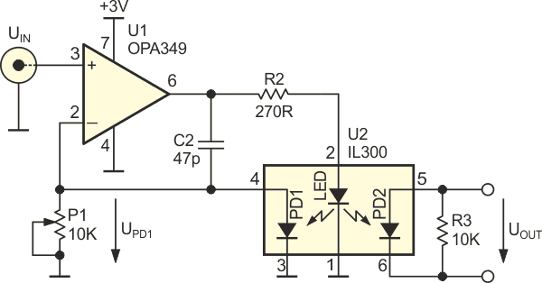 A simple circuit using a linear optocoupler.