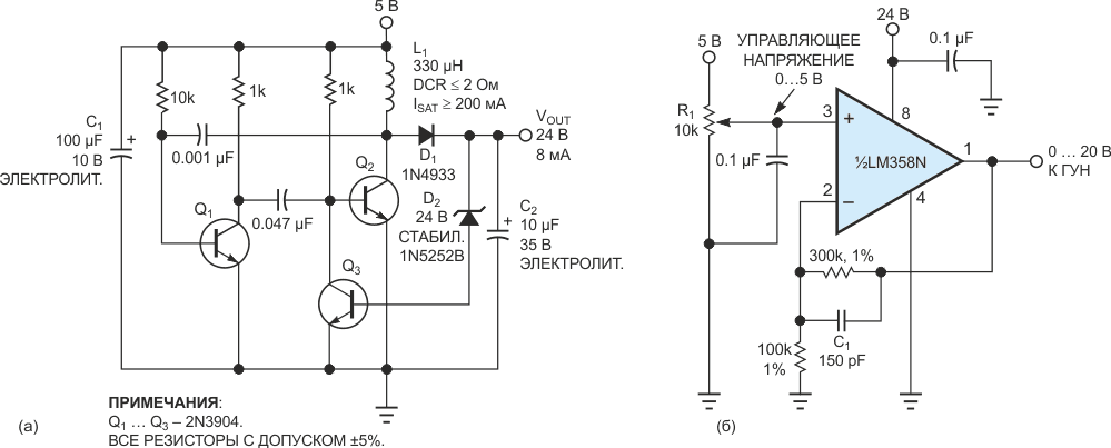 Выходное напряжение этого простого трехтранзисторного повышающего импульсного регулятора (а) равно 24 В при токе 8 мА. Схема может быть полезной для получения напряжения настройки ГУН от 0 до 20 В из управляющего напряжения 0 … 5 В (б).