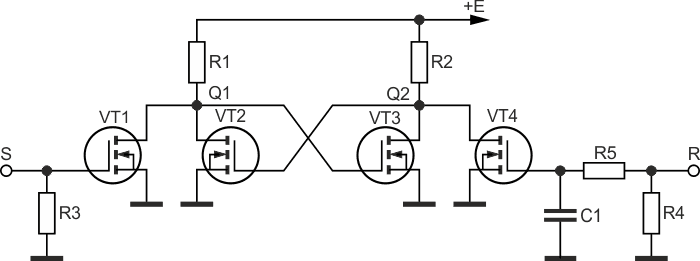 RS-триггер на транзисторах с RC-элементом задержки по входу R.