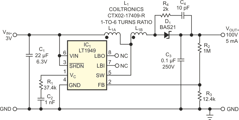 Using a tapped inductor extends a boost-topology switching regulator's practical output-voltage range.