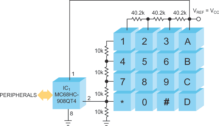 Two-wire four-by-four-key keyboard interface saves power