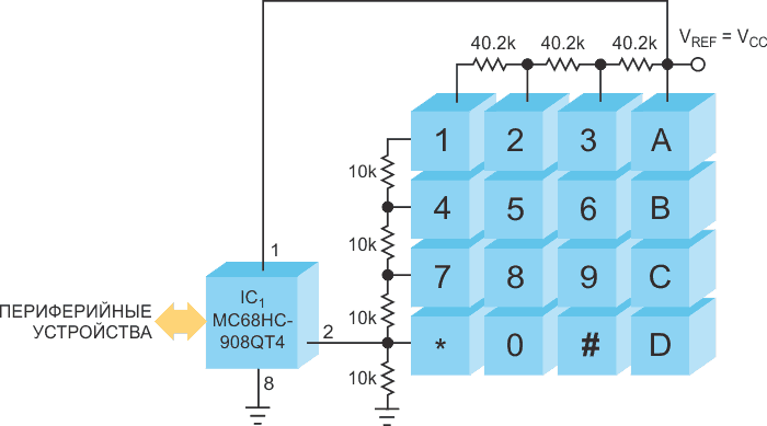 Использование аналогового выхода опорного напряжения микроконтроллера и логометрического аналого-цифрового преобразования обеспечивает правильное кодирование клавиатуры.