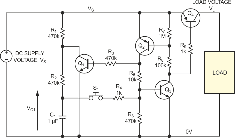 The momentary-action pushbutton switch, S1, provides positive latching action in this circuit.