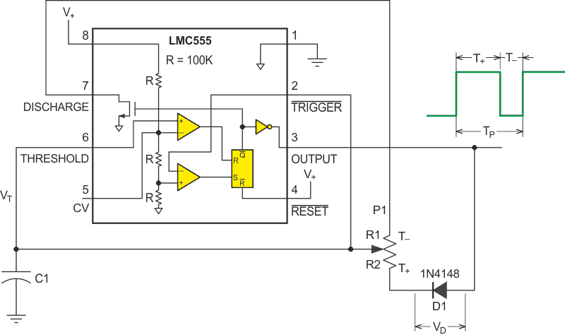 Diode D1 causes temperature dependence in this 555 timer circuit.