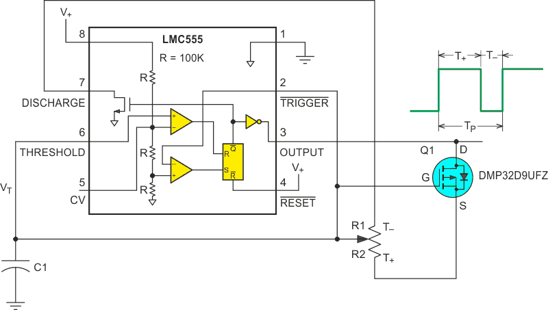 Diode D1 causes temperature dependence in this 555 timer circuit.