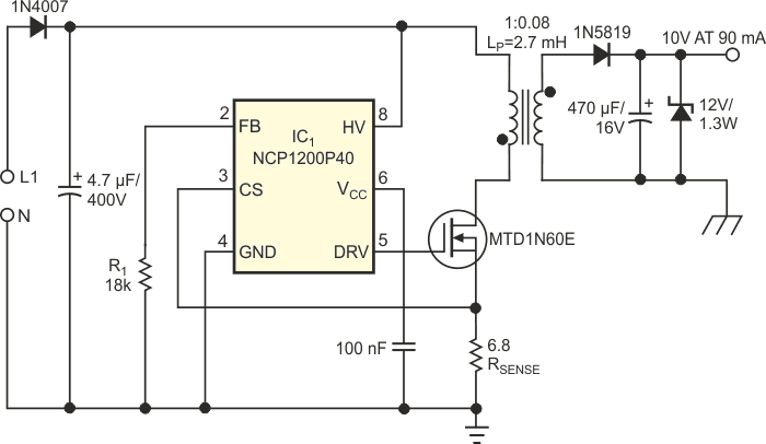 IC1 regulates the peak current and allows this 1 W supply to operate from universal mains.