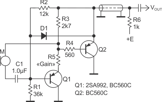 A simple amplifier circuit suited for inductive sources such as a dynamic microphone, transformer or inductance sensor/pick up.