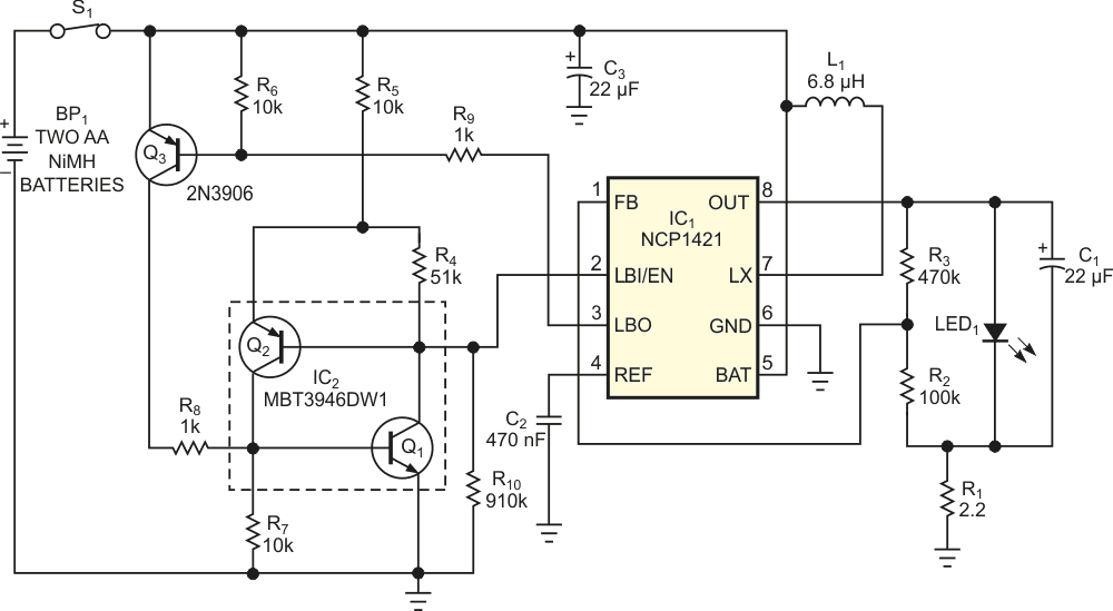 This circuit extends the lives of rechargeable batteries by removing power at a preset voltage and preventing overdischarge.