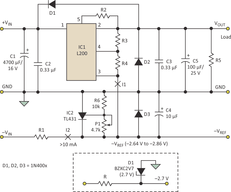 For adjustable regulators such as the L200, a shunt regulator acts as an active voltage reducer while a potentiometer allows careful adjustment to the desired voltage value.