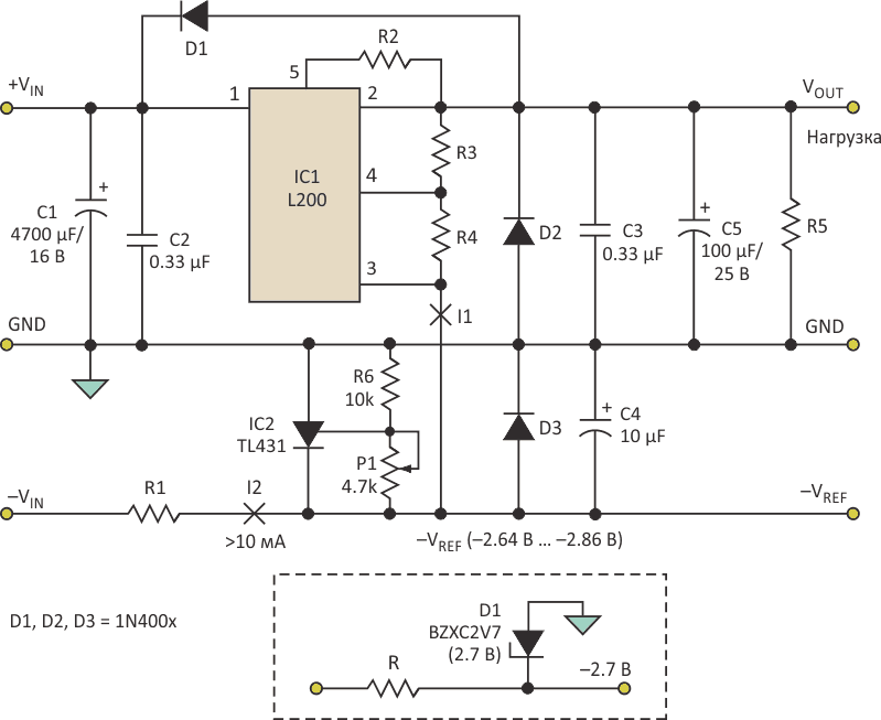 В схеме с регулируемым стабилизатором, таким как L200, шунтовой стабилизатор действует как активный редуктор напряжения, в то время как потенциометр позволяет точно установить желаемое значение напряжения.