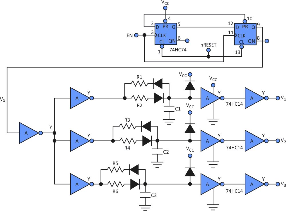 This circuit sequences three different delays to bias voltages V1, V2, and V3 so that an LCD can be powered up and powered down properly.