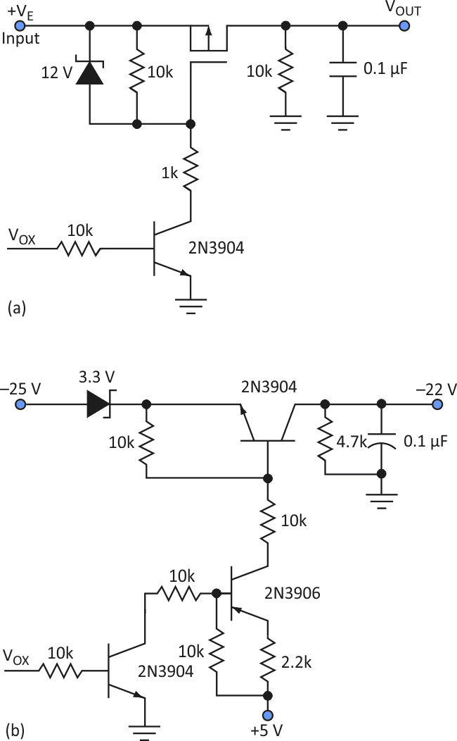 V1 controls VCC to the LCD through the positive voltage switch (a), while V3 controls the -22-V bias through the negative control switch (b).