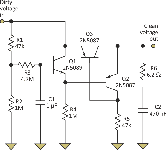 The ripple-eater design, essentially a filter with a follower, rejects as much as 40 dB in ripple and continues operating even as the supply voltage drops to low levels.