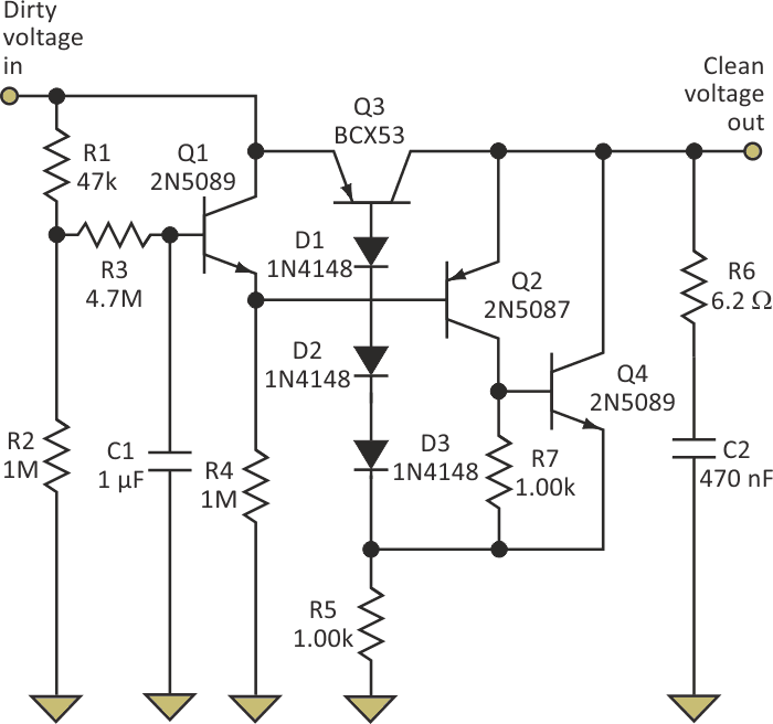 A higher-power ripple-eater augments the simple design with an additional transistor (Q4) to increase gain.