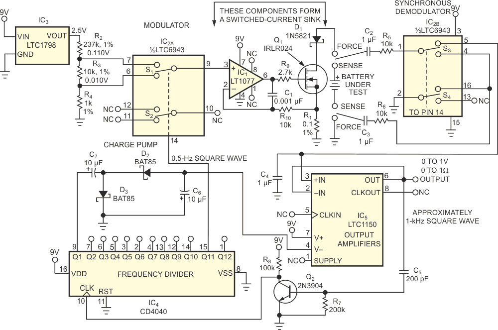 This circuit determines a battery's internal resistance by repetitively applying a calibrated discharge current and measuring the resultant voltage drop across the battery's terminals.