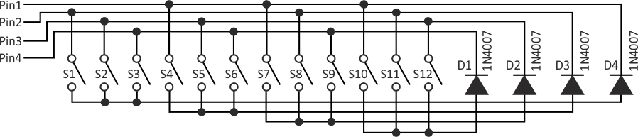 Extending the basic configuration, this circuit interfaces 12 switches using only four I/O pins of a microcontroller.