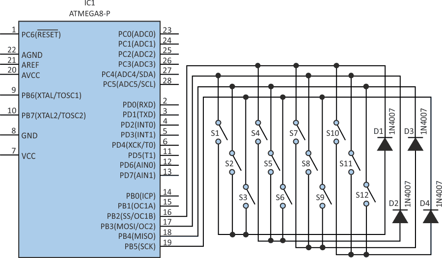 Схема с 12 кнопками может использоваться для подключения цифровой клавиатуры к микроконтроллеру, в данном случае к ATmega8.