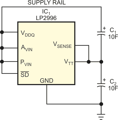 This simple circuit requires only a single IC to balance the charges on two series-connected, low-voltage, high-value capacitors and maintain their common junction at one-half of the supply voltage.