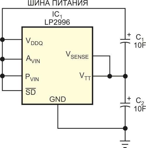Этой простой схеме требуется всего одна микросхема для балансировки зарядов и подержания напряжения в точке соединения конденсаторов большой емкости на уровне половины напряжения питания.