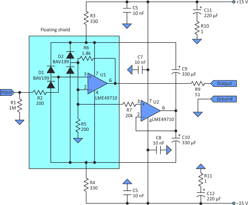 With some changes in components, the supply bootstrapping principle can also be used with an amplifier with gain (U2).