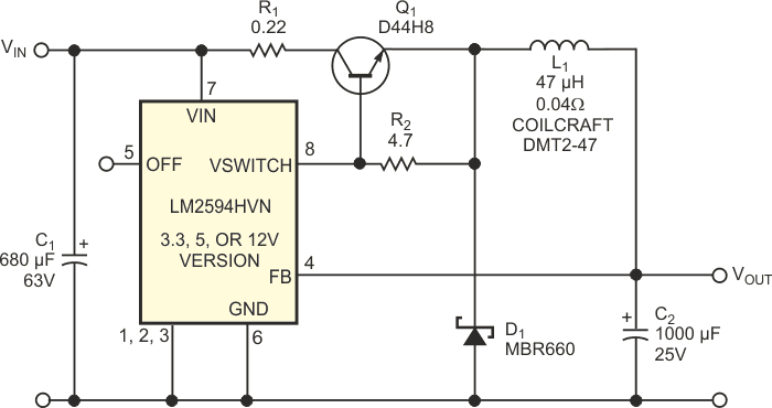 Bipolar transistor boosts switcher's current by 12 times