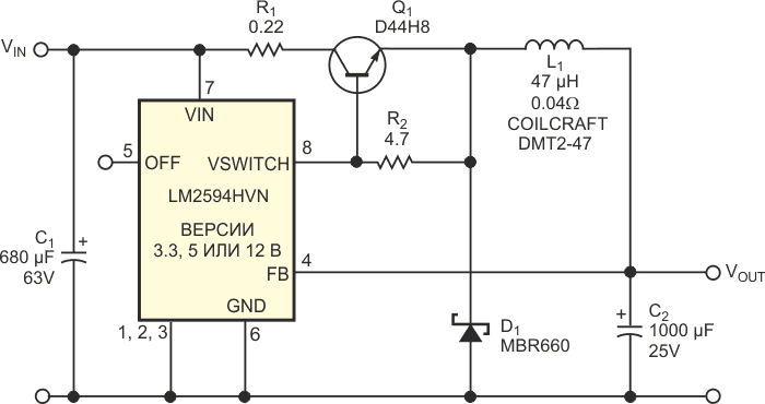 Биполярный транзистор увеличивает ток DC DC