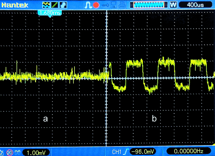 (а) - уровень шума в точке «a» при отсутствии сигнала. (b) - форма импульсов малого сигнала на фоне шума.