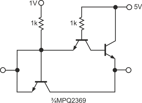 The ultimate 1-to-5V up-shifting driver in the laboratory produces a symmetrical delay of 6 nsec using three-fourths of an MPQ2369 when driving a single 74AC541 buffer.
