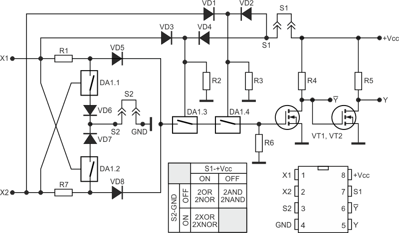 Схема универсального двухвходового логического элемента AND/NAND, OR/NOR, XOR/XNOR, назначение которого определяется перемычками/пайками контактных групп.