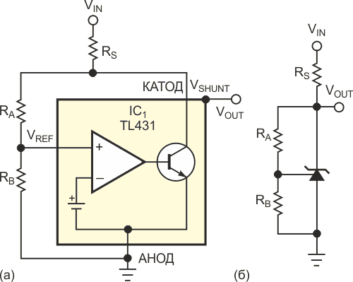 Простая блок-схема (а) скрывает внутреннюю сложность микросхемы TL431