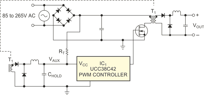 An auxiliary winding supplies power to the supply's PWM controller.