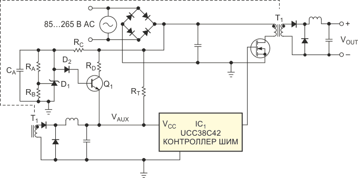 В этой усовершенствованной конструкции микросхема ШИМ контроллера IC1 получает питание от резистора RT при запуске, от вспомогательной обмотки при нормальной работе и от схемы параллельного регулятора IC2 и транзистора Q1 при работе с легкой нагрузкой.