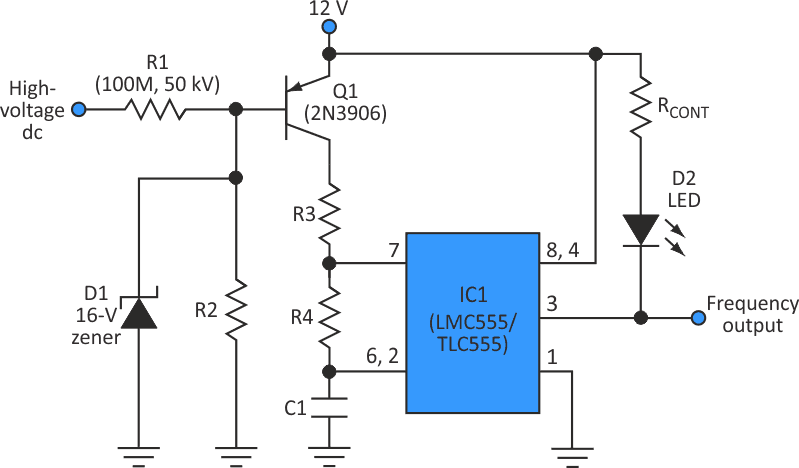 As shown, the dc high-voltage drop detector/undervoltage alarm uses an LED for a visible indication, but the LMC555/TLC555 can also be connected to a speaker for an audible alarm.