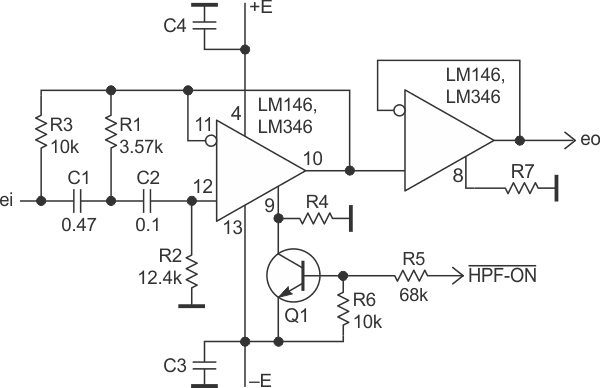 Топология фильтра ФВЧ Саллена-Ки, который можно включать и выключать с помощью дополнительного транзистора и резистора.