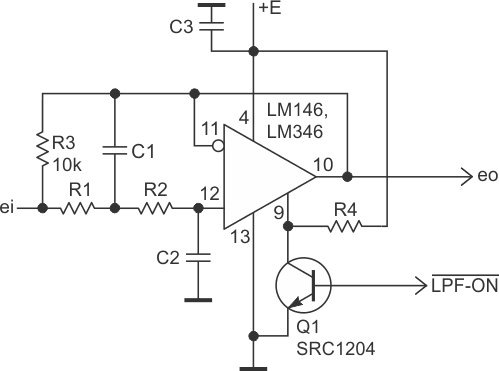 A LPF topology that can be switched on/off by using unipolar power and a transistor Q1 (SRC1204) with built-in bias resistors.