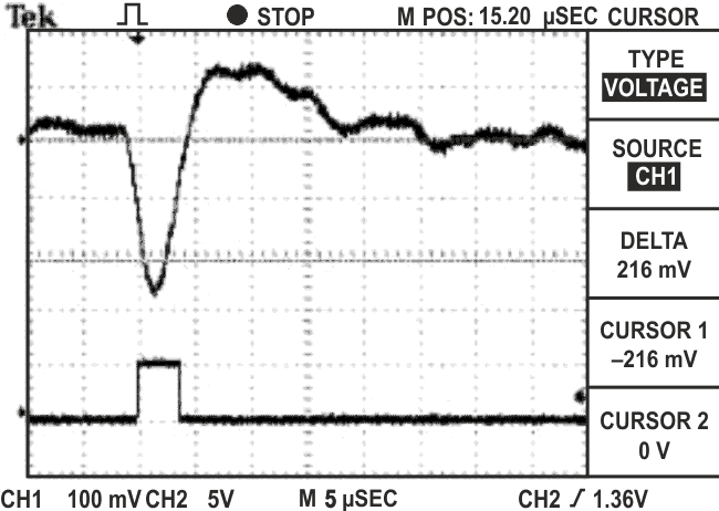 These waveforms from the Figure 1 circuit show the signal at Test Point 1 (top trace) when a gamma photon strikes the PIN photodiode, and the resulting comparator output (bottom trace).