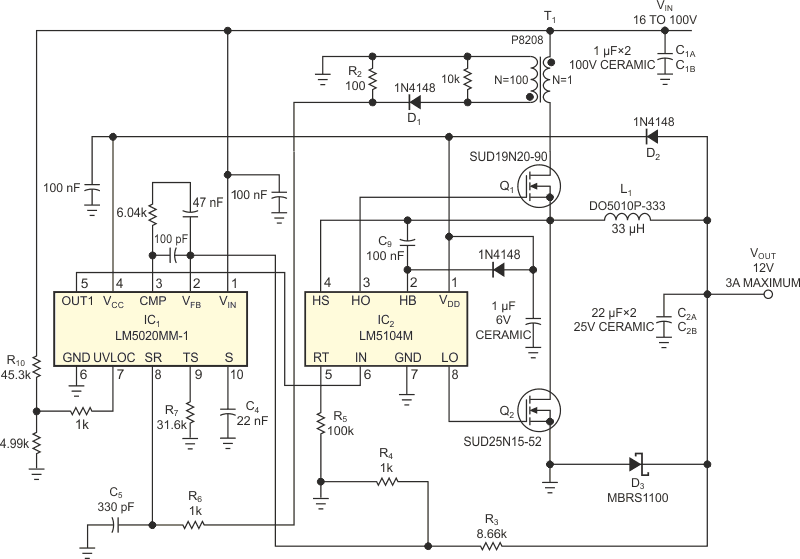 Two ICs and two MOSFETs form the heart of this high-efficiency, wide-range voltage regulator.