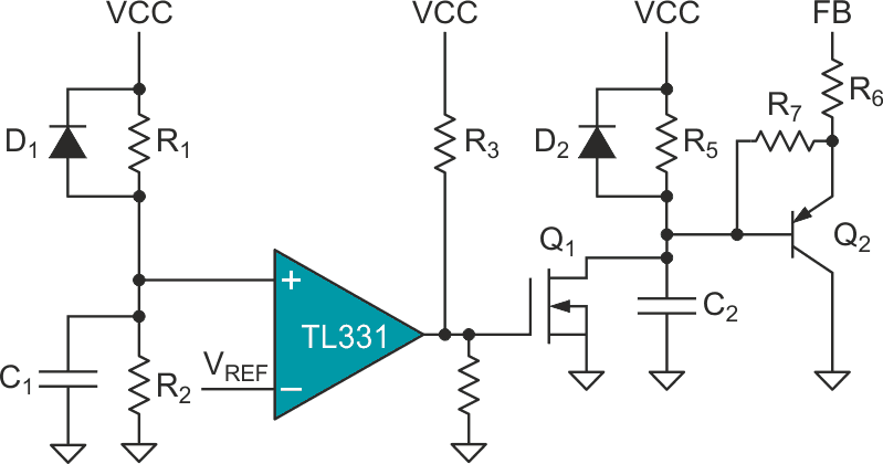 В схеме ограничителя на первичной стороне используется компаратор общего назначения и пара малосигнальных транзисторов.