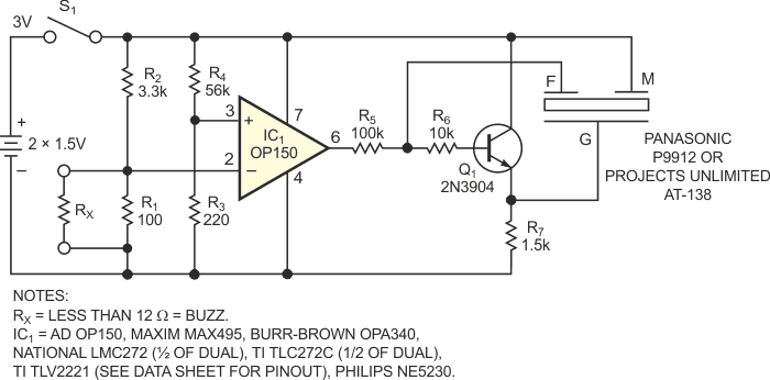 This audible-signal continuity tester consumes little power and allows you to detect opens and shorts without observing an LED.